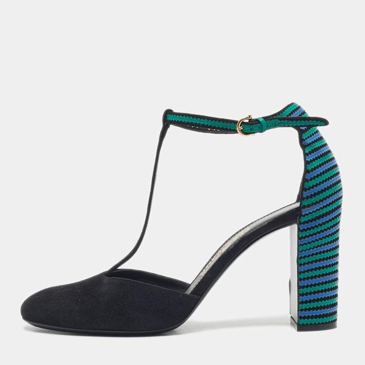 Pre Owned Salvatore Ferragamo Black/Blue Suede And Leather Fergie T-Strap Pumps Size 40.5