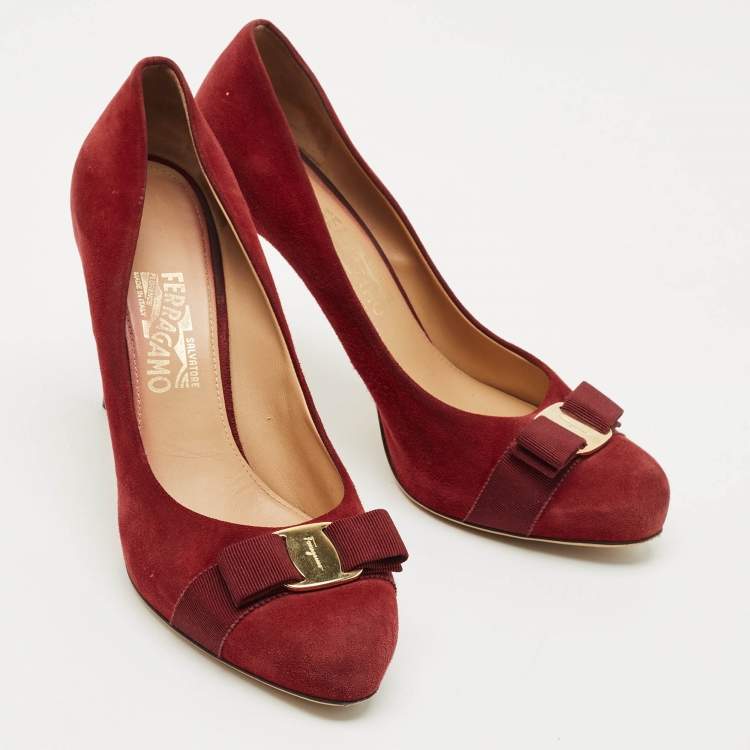Pre Owned Salvatore Ferragamo Dark Red Suede Pimpa Vara Bow Platform Pumps Size 41