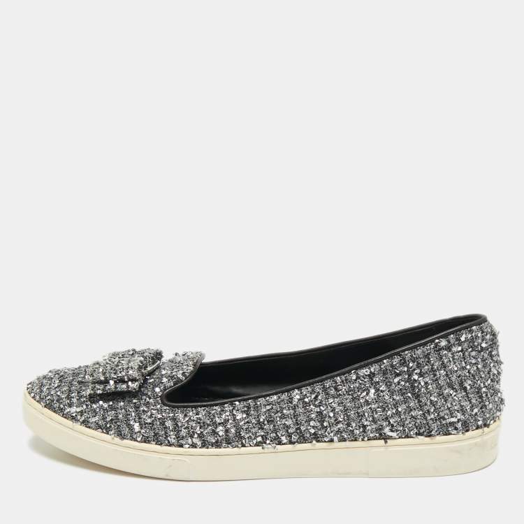 Pre Owned Salvatore Ferragamo Grey Tweed and Leather Novello Slip On Sneakers Size 38.5