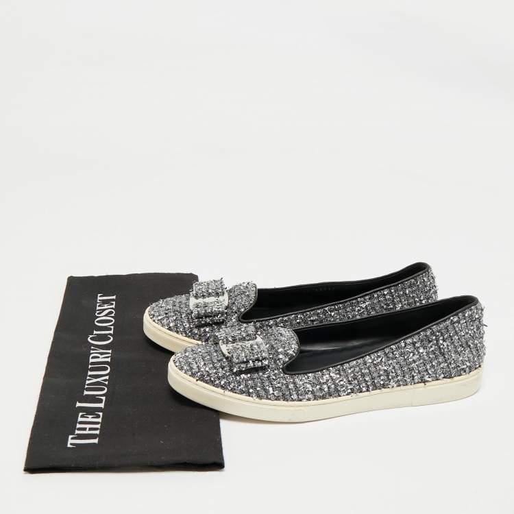 Pre Owned Salvatore Ferragamo Grey Tweed and Leather Novello Slip On Sneakers Size 38.5