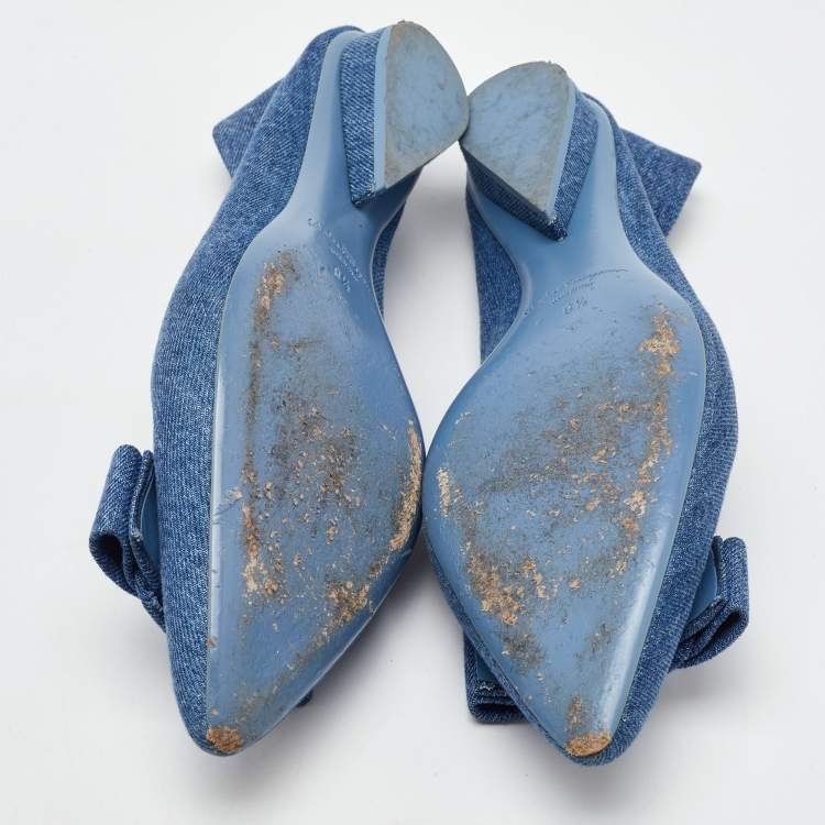 Pre Owned Salvatore Ferragamo Blue Denim Varina Pointed Toe Ballet Flats Size 40