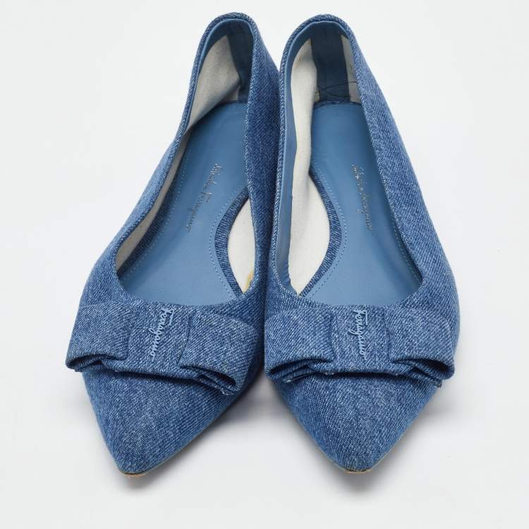 Pre Owned Salvatore Ferragamo Blue Denim Varina Pointed Toe Ballet Flats Size 40