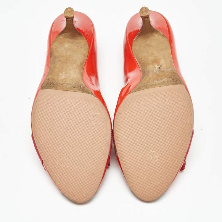 Pre Owned Salvatore Ferragamo Coral Orange Patent Leather Vara Bow Peep Toe Pumps Size 38.5