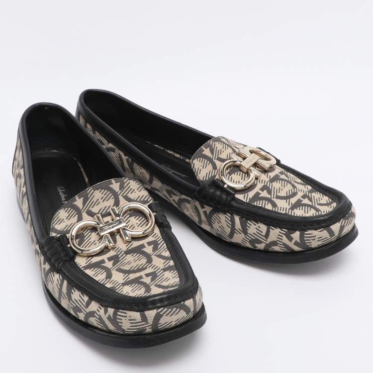 Pre Owned Salvatore Ferragamo Beige/Black Canvas and Leather Gancini Loafers Size 41
