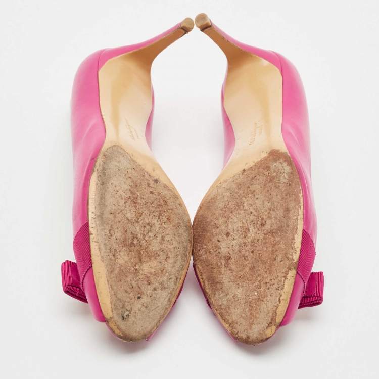 Pre Owned Salvatore Ferragamo Pink Leather Vara Bow Peep Toe Pumps Size 40.5