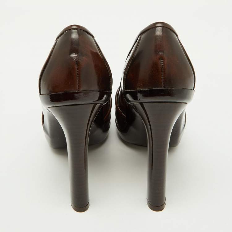 Pre Owned Salvatore Ferragamo Dark Brown Leather Loafer Platform Pumps Size 36.5