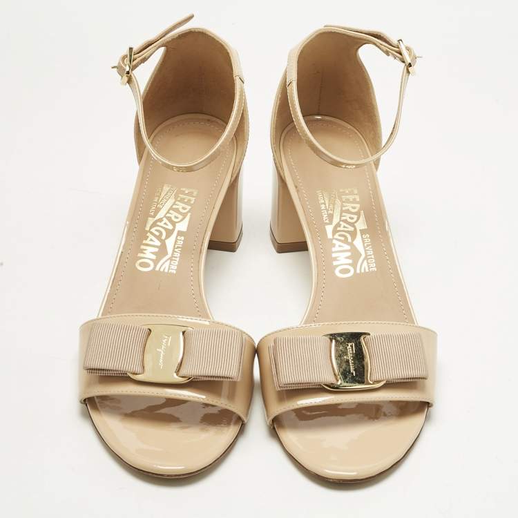 Pre Owned Salvatore Ferragamo Beige  Patent Leather Gavina Ankle Strap Sandals Size 37