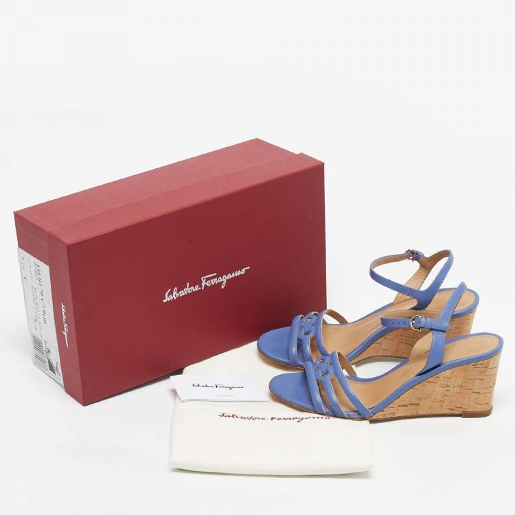 Pre Owned Salvatore Ferragamo Blue Leather Fieri Cork Wedge Sandals Size 38