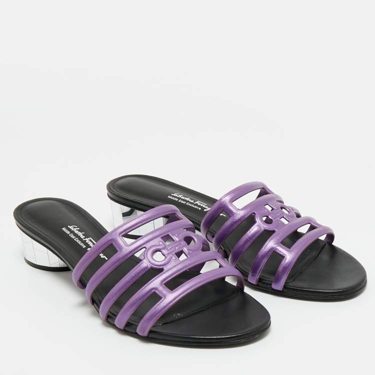 Pre Owned Salvatore Ferragamo Purple Leather Finn Slide Sandals Size 38.5
