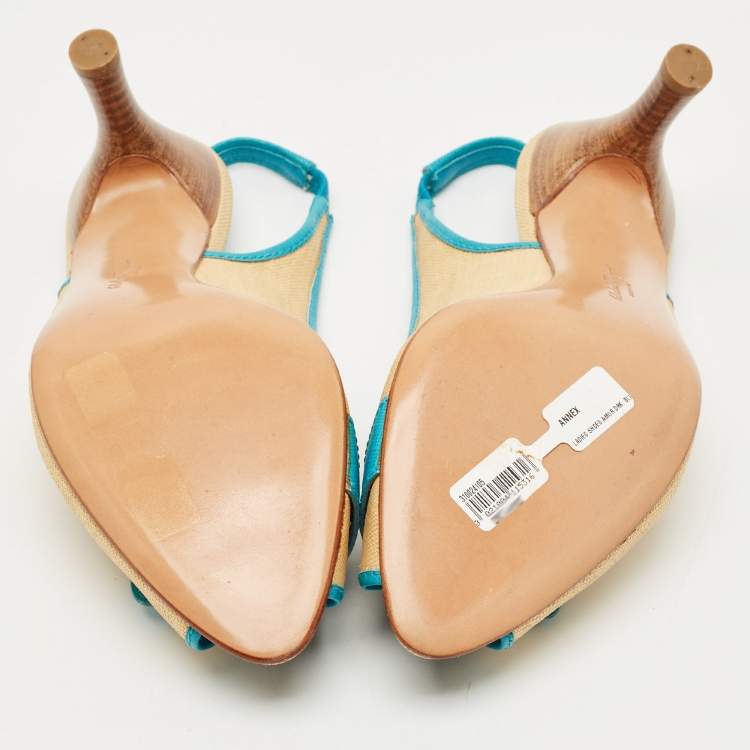 Pre Owned Salvatore Ferragamo Blue/Cream Leather and Raffia Anah Slingback Pumps Size 41