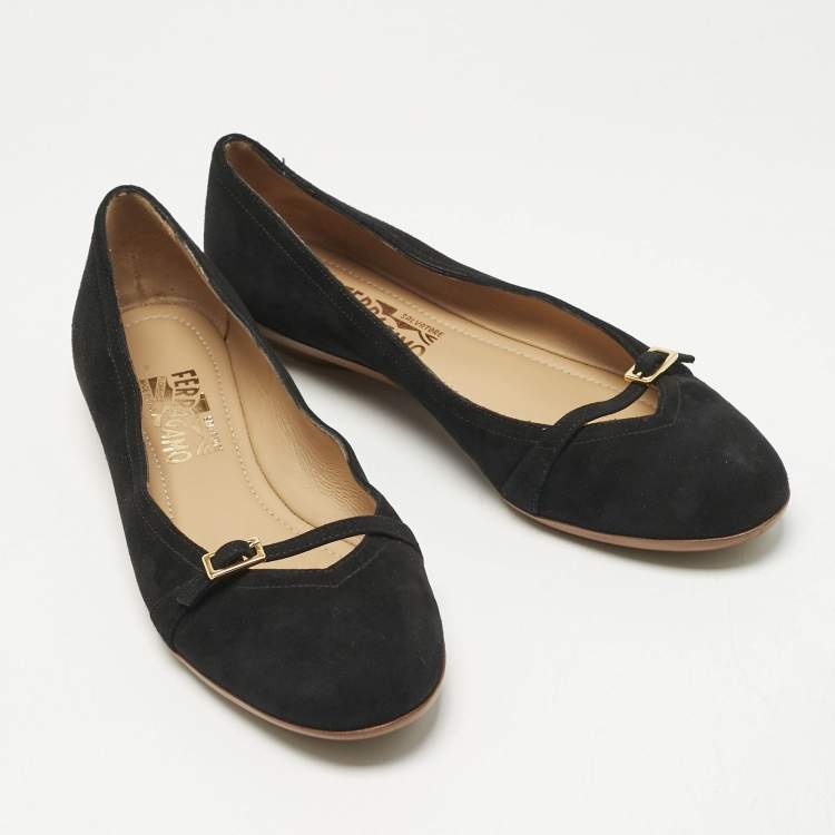 Pre Owned Salvatore Ferragamo Black Suede Audrey Ballet Flats Size 37.5