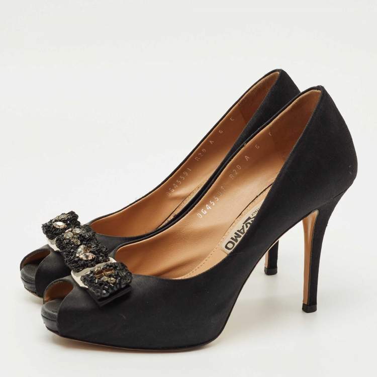 Pre Owned Salvatore Ferragamo Black Satin  Vara Bow Peep Toe Pumps Size 36.5
