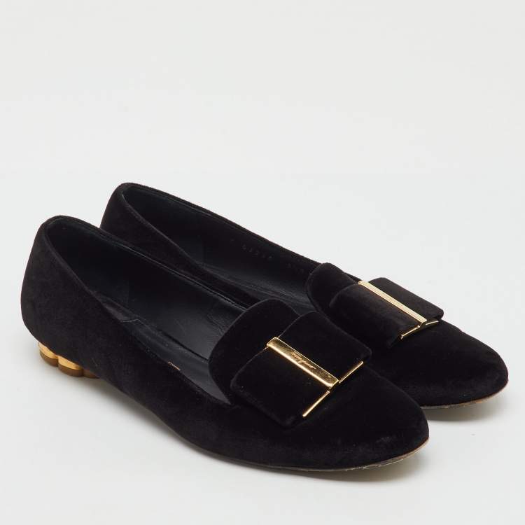 Pre Owned Salvatore Ferragamo Black Velvet Bow Sarno Flower Heel Loafers Size 36