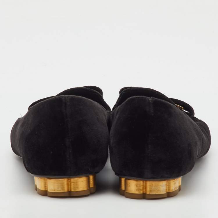 Pre Owned Salvatore Ferragamo Black Velvet Bow Sarno Flower Heel Loafers Size 36