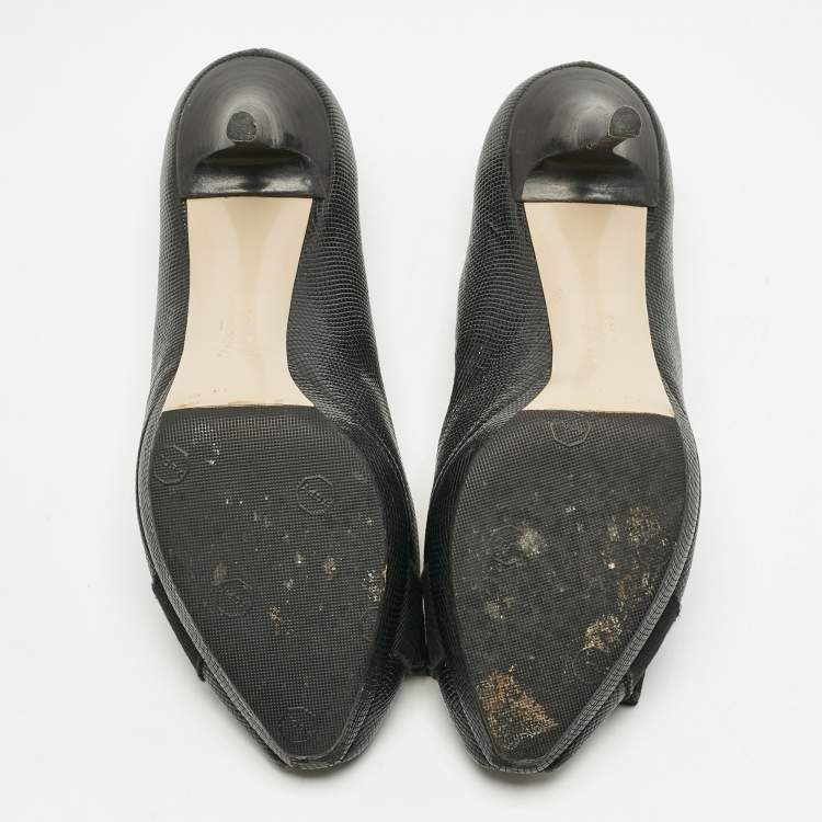 Pre Owned Salvatore Ferragamo Black Lizard Embossed Leather Peep Toe Pumps Size 39.5