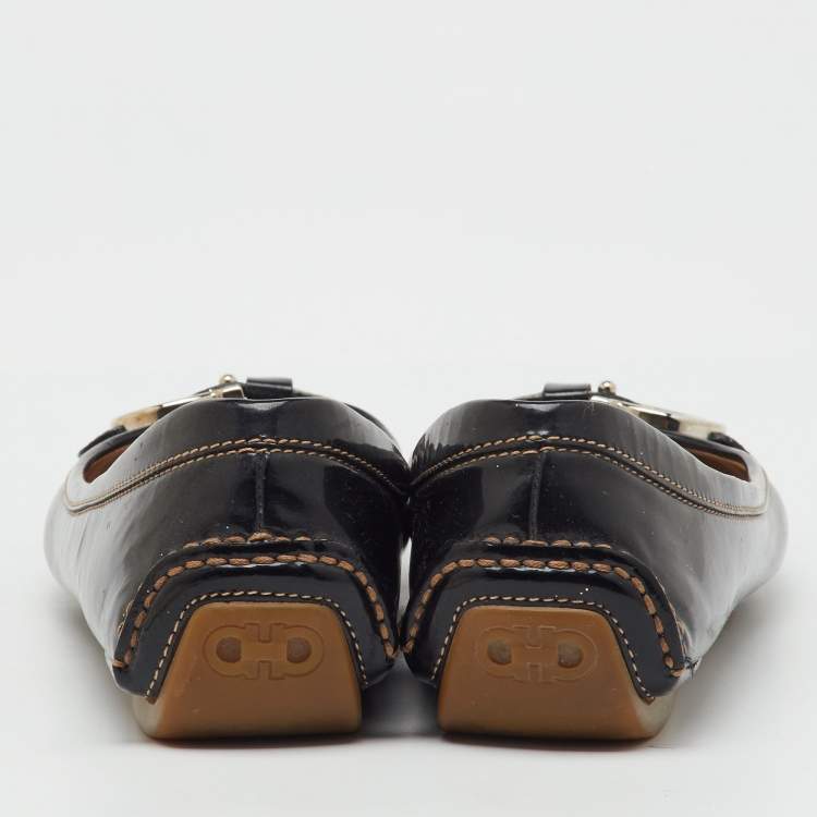 Pre Owned Salvatore Ferragamo Black Patent Leather Gancio Ballet Flats Size 38.5