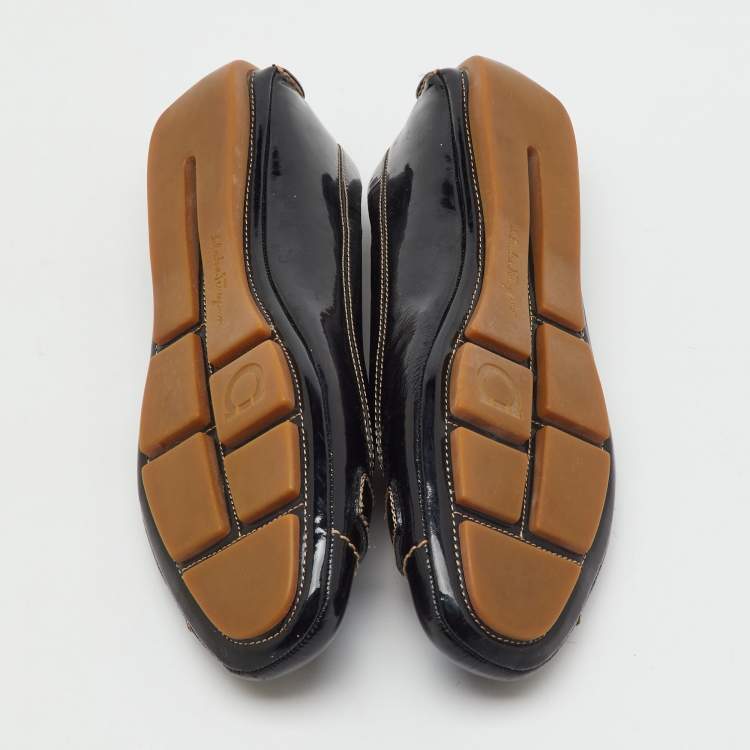 Pre Owned Salvatore Ferragamo Black Patent Leather Gancio Ballet Flats Size 38.5