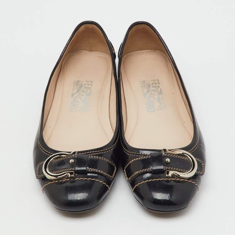 Pre Owned Salvatore Ferragamo Black Patent Leather Gancio Ballet Flats Size 38.5