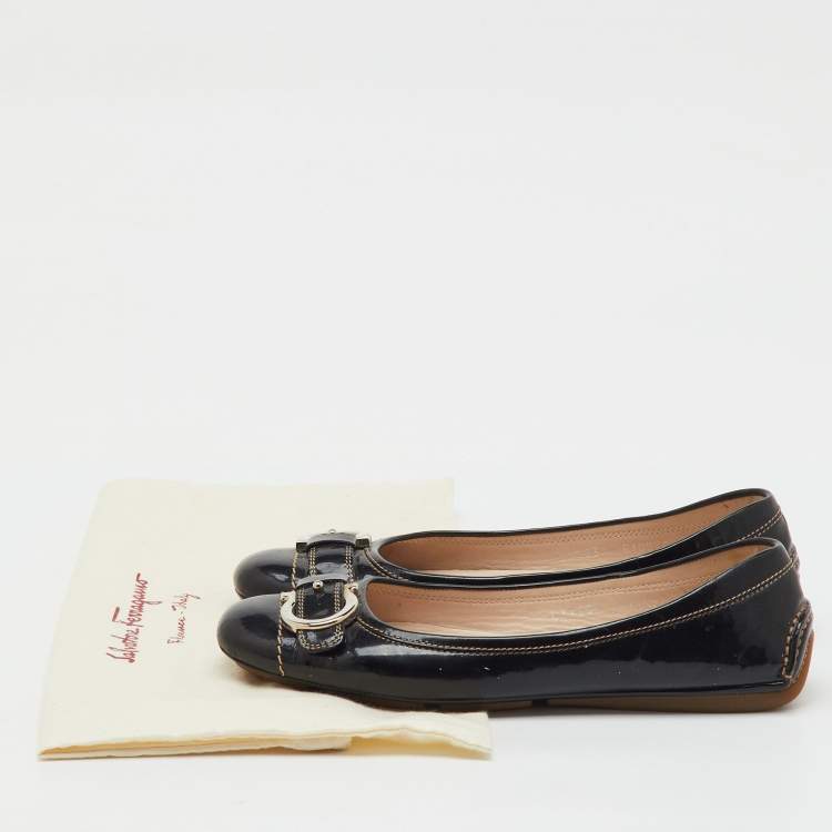 Pre Owned Salvatore Ferragamo Black Patent Leather Gancio Ballet Flats Size 38.5
