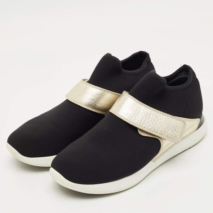 Pre Owned Salvatore Ferragamo Black/Gold Stretch Fabric and Leather Slip On Sneakers Size 41