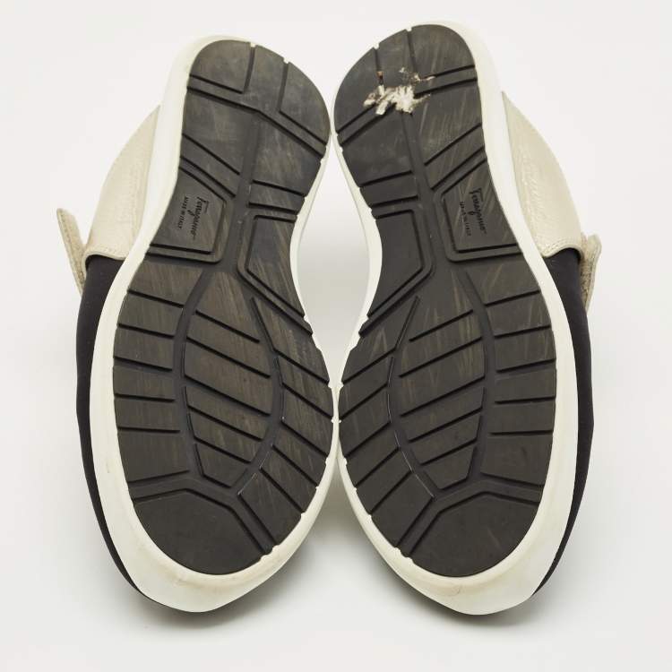 Pre Owned Salvatore Ferragamo Black/Gold Stretch Fabric and Leather Slip On Sneakers Size 41