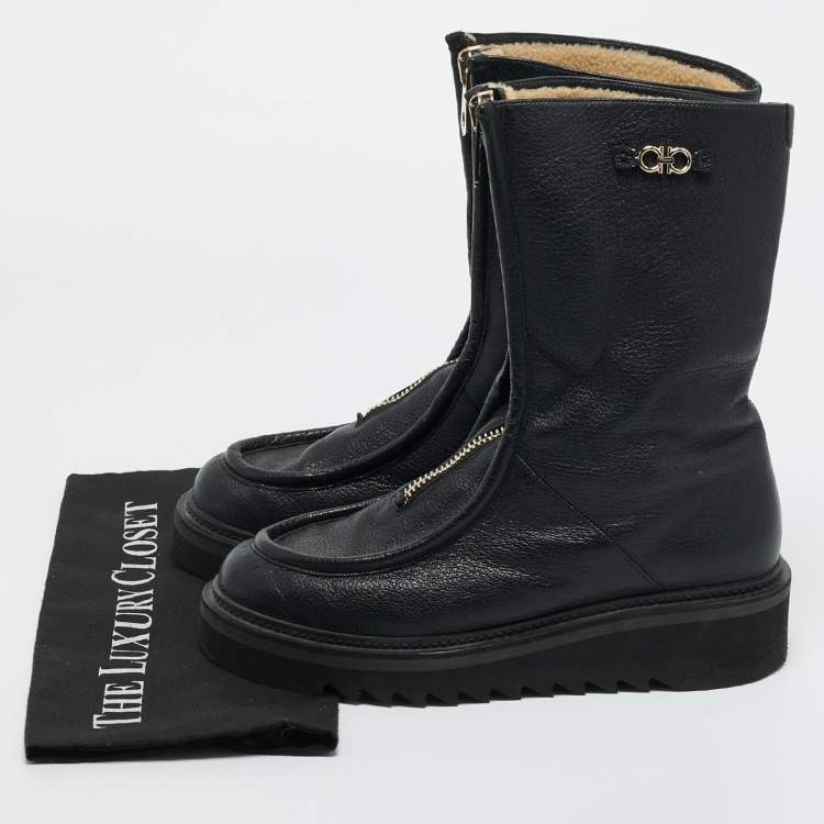 Pre Owned Salvatore Ferragamo Black Leather Eurialo Mid Calf Boots Size 39.5