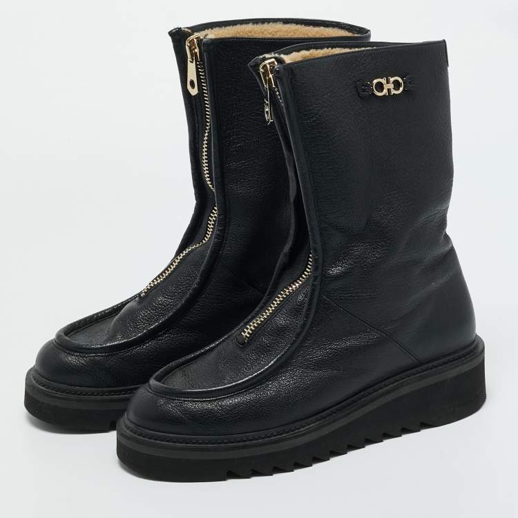 Pre Owned Salvatore Ferragamo Black Leather Eurialo Mid Calf Boots Size 39.5