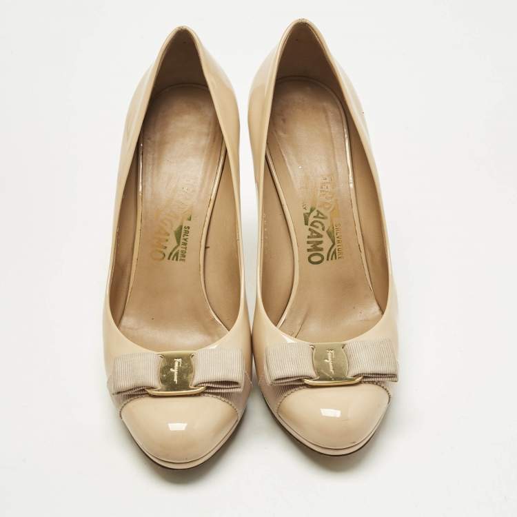 Pre Owned Salvatore Ferragamo Yellow Patent Leather Vara Bow Platform Pumps Size 38.5