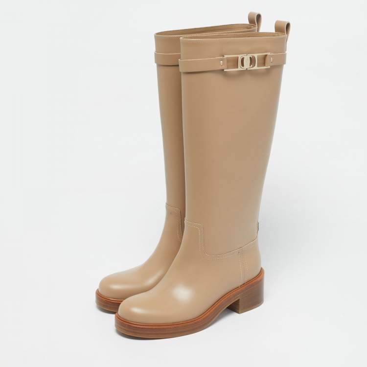 Pre Owned Salvatore Ferragamo Beige Leather Ornament Square Gancini  Knee Length Boots Size 37.5