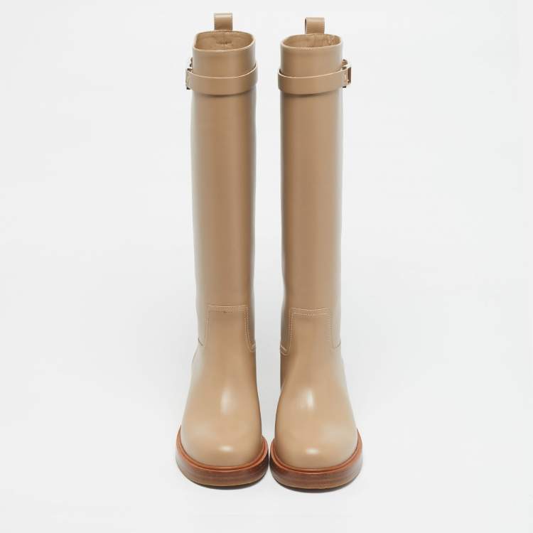 Pre Owned Salvatore Ferragamo Beige Leather Ornament Square Gancini  Knee Length Boots Size 37.5