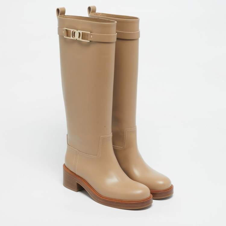 Pre Owned Salvatore Ferragamo Beige Leather Ornament Square Gancini  Knee Length Boots Size 37.5
