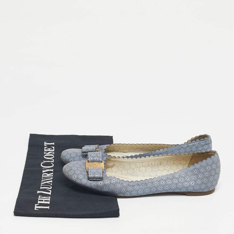 Pre Owned Salvatore Ferragamo Light Blue Laser Cut Leather Varina Ballet Flats Size 37.5