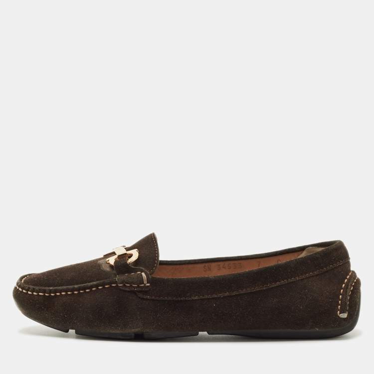 Pre Owned Salvatore Ferragamo Brown Suede Gancini Loafers Size 37.5