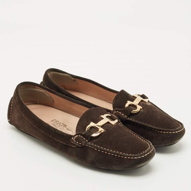 Pre Owned Salvatore Ferragamo Brown Suede Gancini Loafers Size 37.5