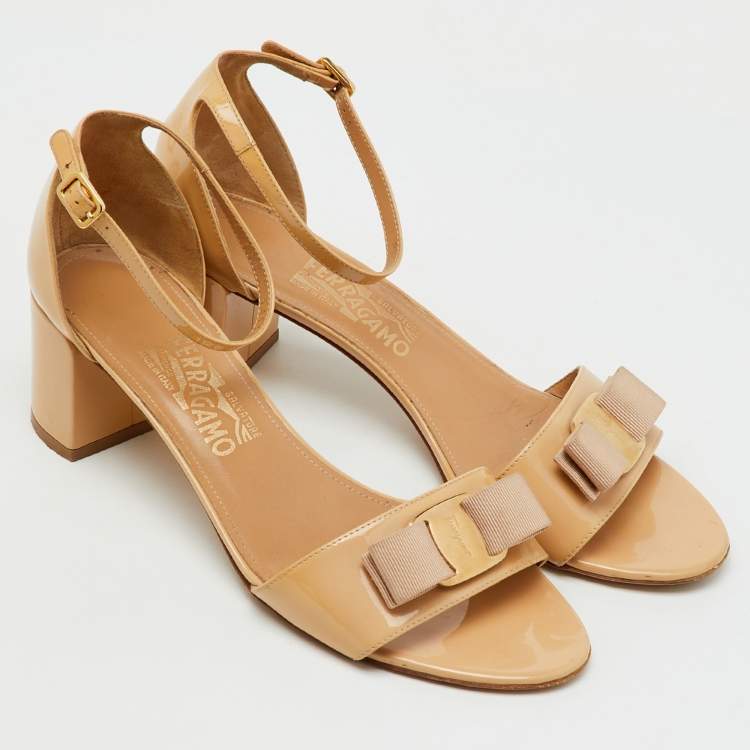 Pre Owned Salvatore Ferragamo Beige Patent Leather Gavina Ankle Strap Sandals Size 40