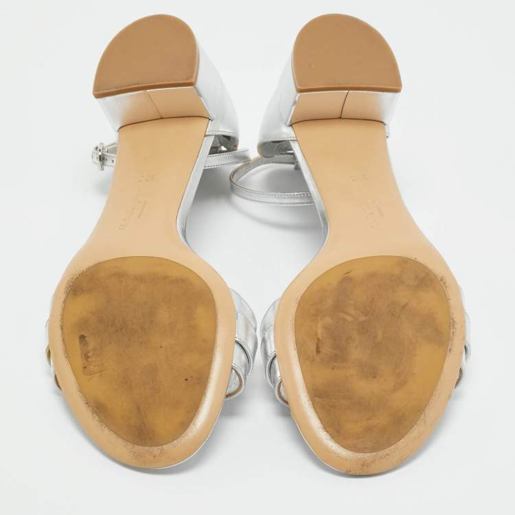 Pre Owned Salvatore Ferragamo Silver Leather Gancini Ankle Strap Sandals Size 40.5