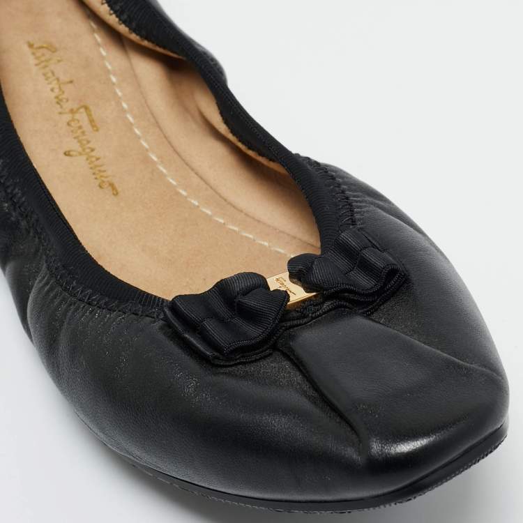 Pre Owned Salvatore Ferragamo Black Leather My Joy Scrunch Ballet Flats Size 36.5