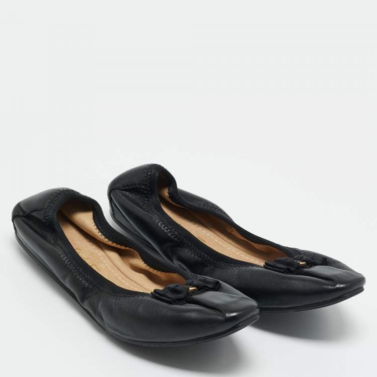 Pre Owned Salvatore Ferragamo Black Leather My Joy Scrunch Ballet Flats Size 36.5