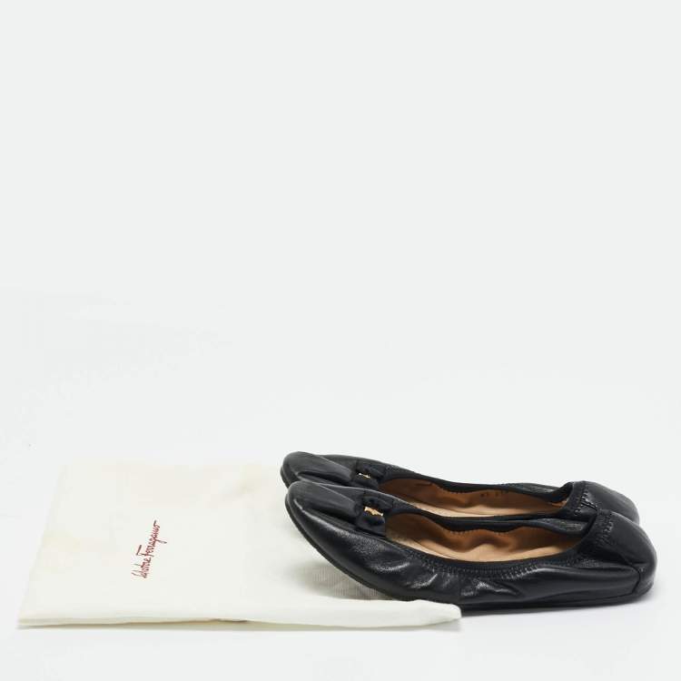 Pre Owned Salvatore Ferragamo Black Leather My Joy Scrunch Ballet Flats Size 36.5
