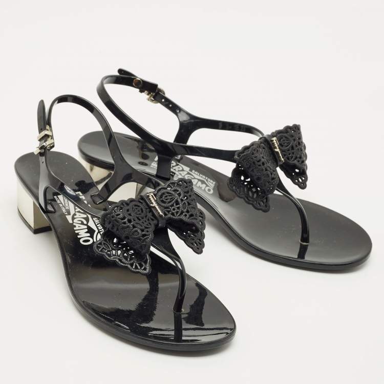 Pre Owned Salvatore Ferragamo Black Rubber per Ankle Strap Sandals Size 37.5