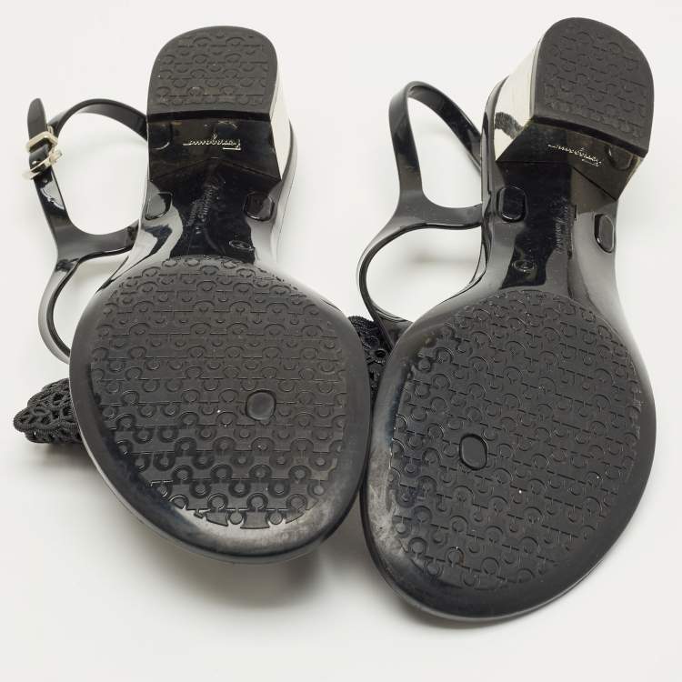 Pre Owned Salvatore Ferragamo Black Rubber per Ankle Strap Sandals Size 37.5