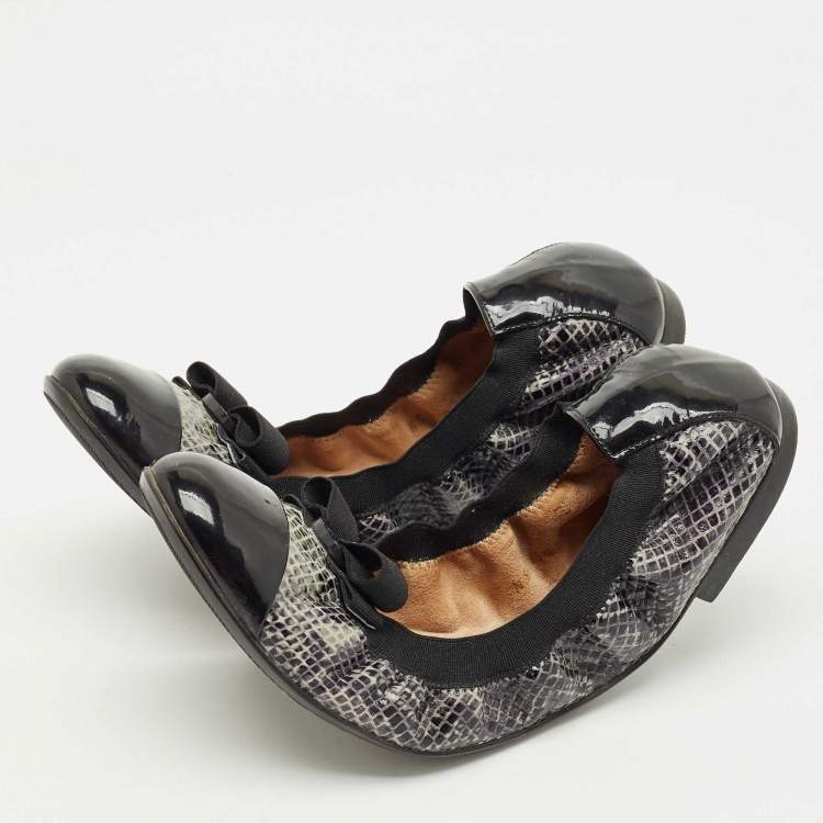 Pre Owned Salvatore Ferragamo Black Patent and Snake Embossed My Joy Scrunch Ballet Flats Size 40