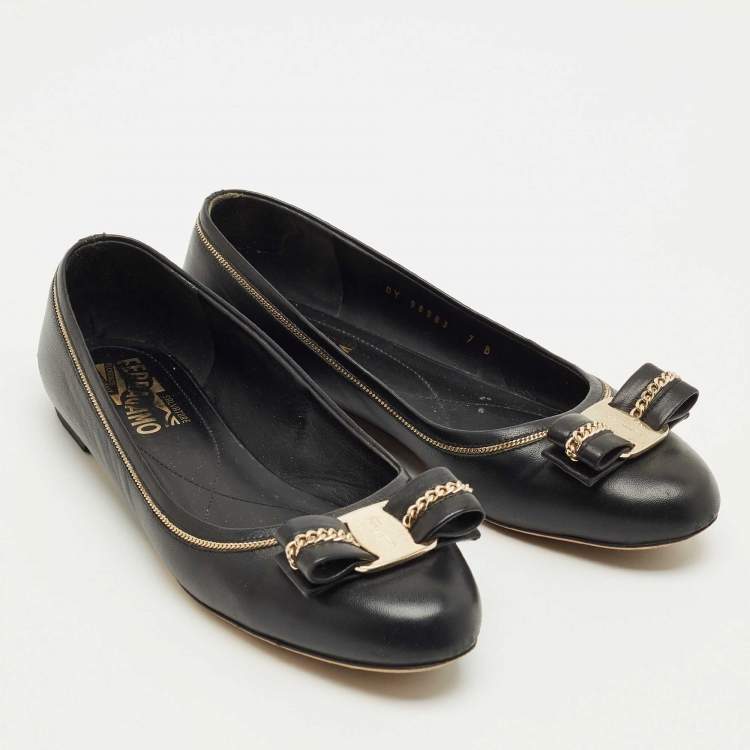 Pre Owned Salvatore Ferragamo Black Leather Varina Ballet Flats Size 37.5