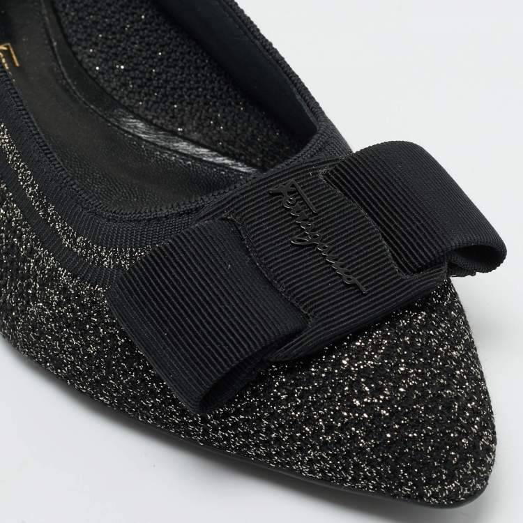 Pre Owned Salvatore Ferragamo Black/Gold Knit Fabric Varina Ballet Flats Size 38.5