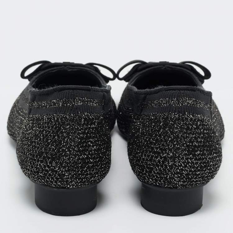 Pre Owned Salvatore Ferragamo Black/Gold Knit Fabric Varina Ballet Flats Size 38.5