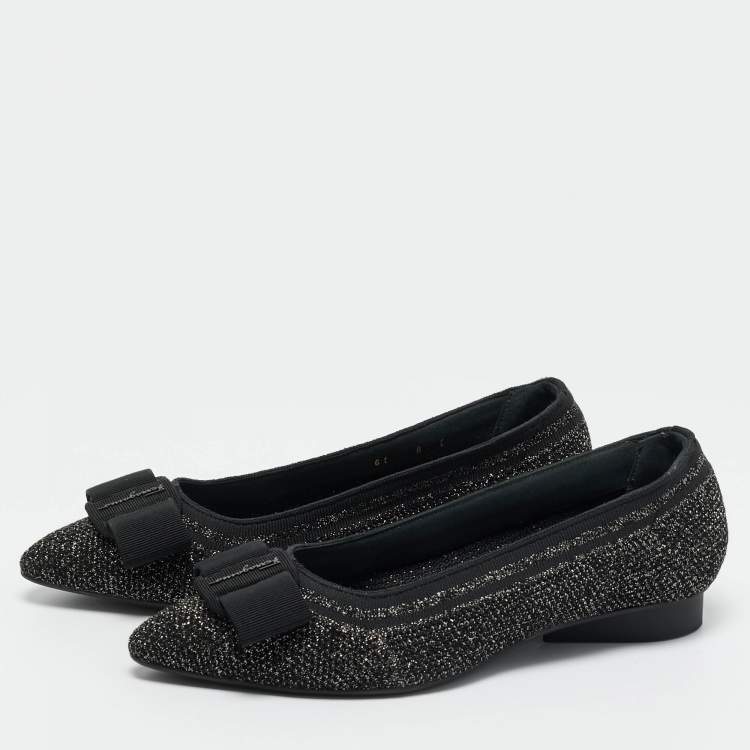Pre Owned Salvatore Ferragamo Black/Gold Knit Fabric Varina Ballet Flats Size 38.5