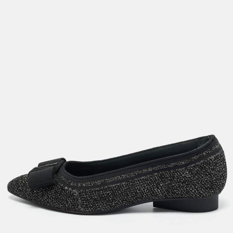 Pre Owned Salvatore Ferragamo Black/Gold Knit Fabric Varina Ballet Flats Size 38.5
