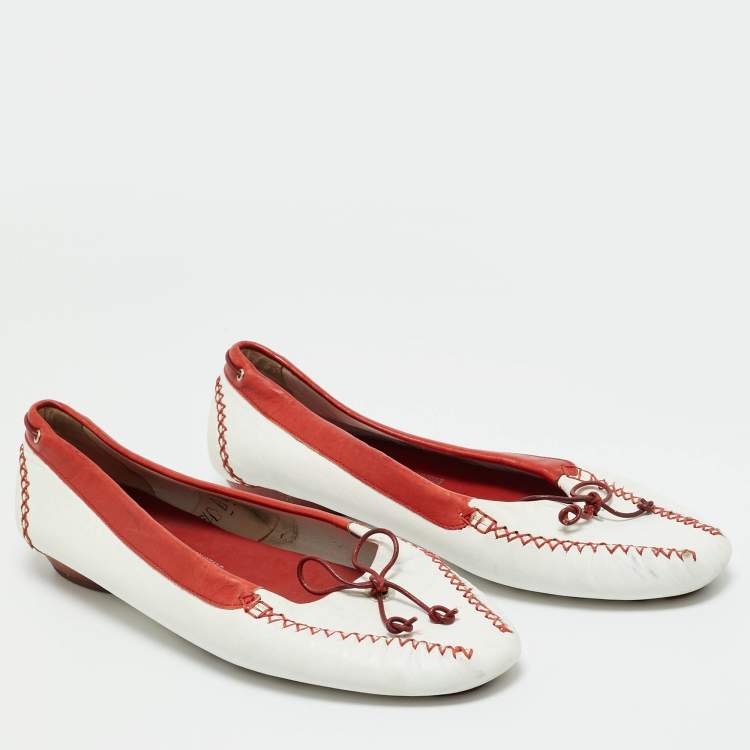 Pre Owned Salvatore Ferragamo White/Red Leather  Bow Smoking Slippers Size 39.5