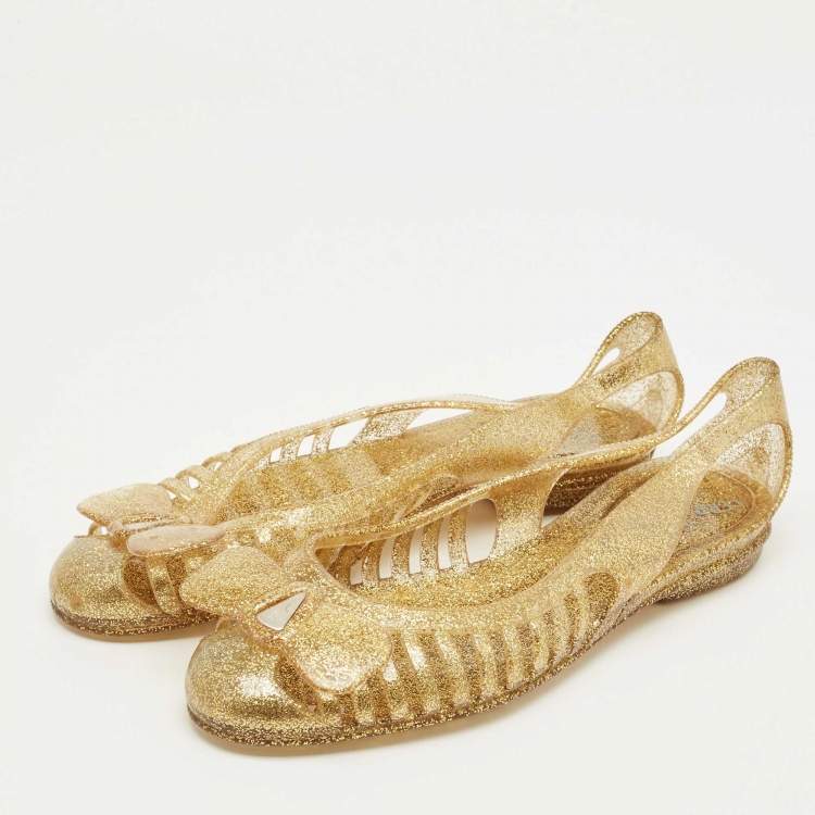 Pre Owned Salvatore Ferragamo Gold Glitter Jelly Bow Ballet Flats Size 37.5