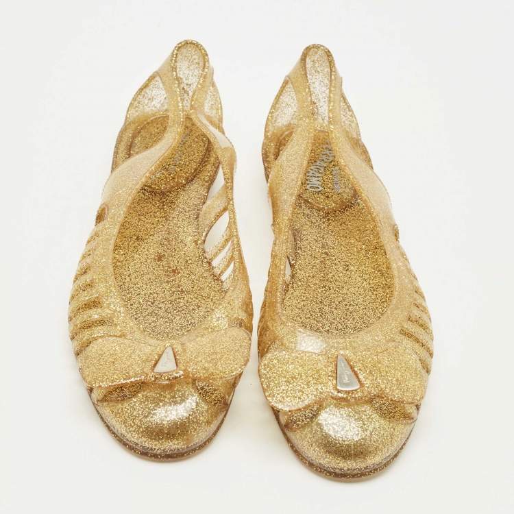 Pre Owned Salvatore Ferragamo Gold Glitter Jelly Bow Ballet Flats Size 37.5